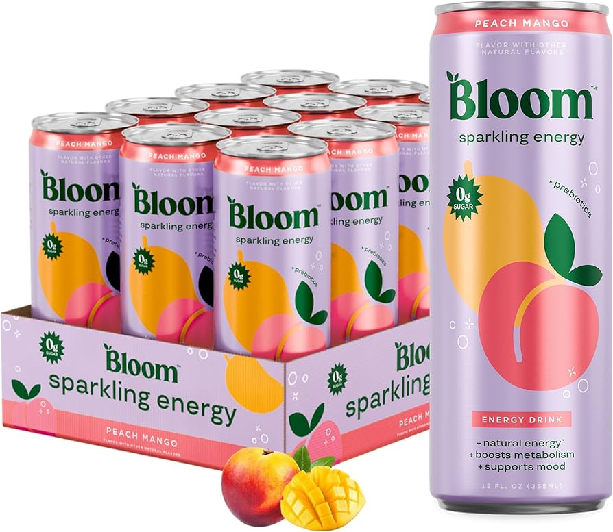Bloom Sparkling Energy Drink 12 Pack – Peach Mango can