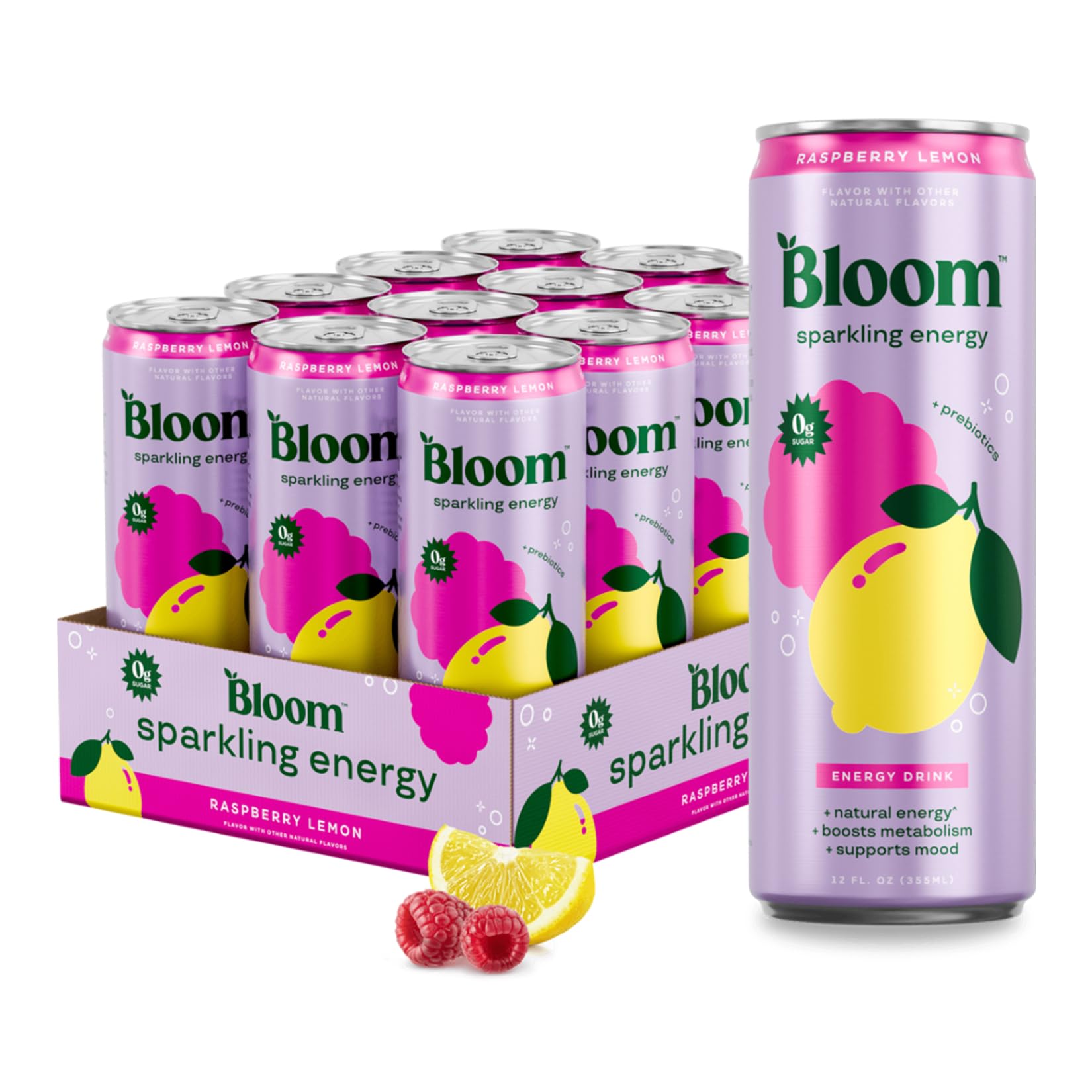 Bloom Sparkling Energy Drink: Box of 12 – Raspberry Lemonade